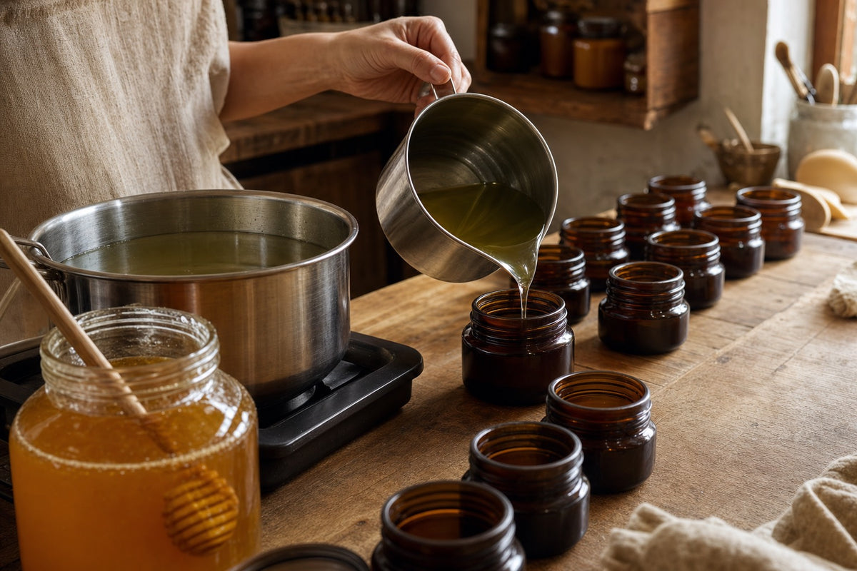 Small-batch kitchen with melted tallow, raw honey and empty glass jars