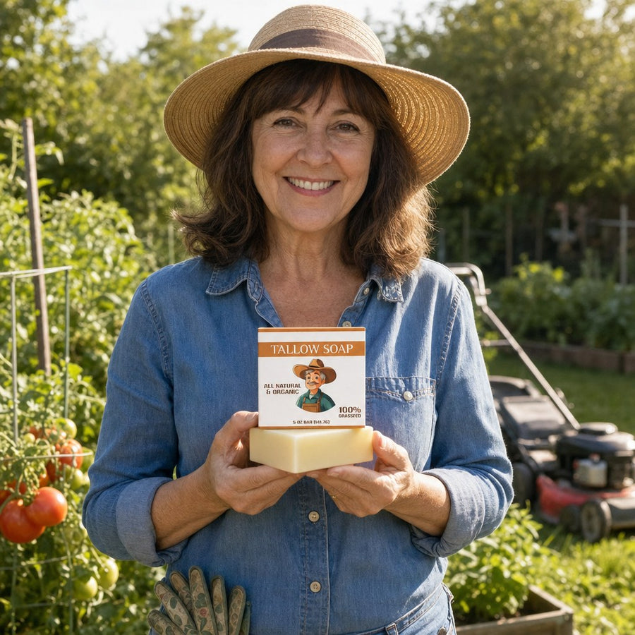Woman holding the Tallow Soap Bar in her garden