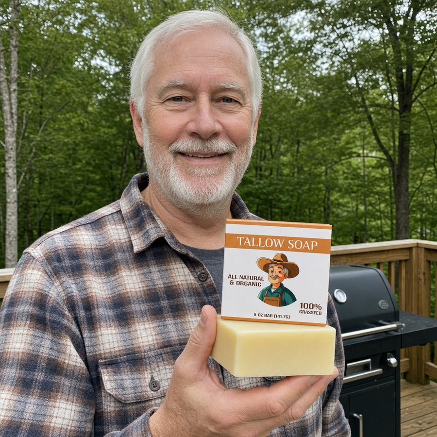 Older man holding the Tallow Soap Bar on his back deck