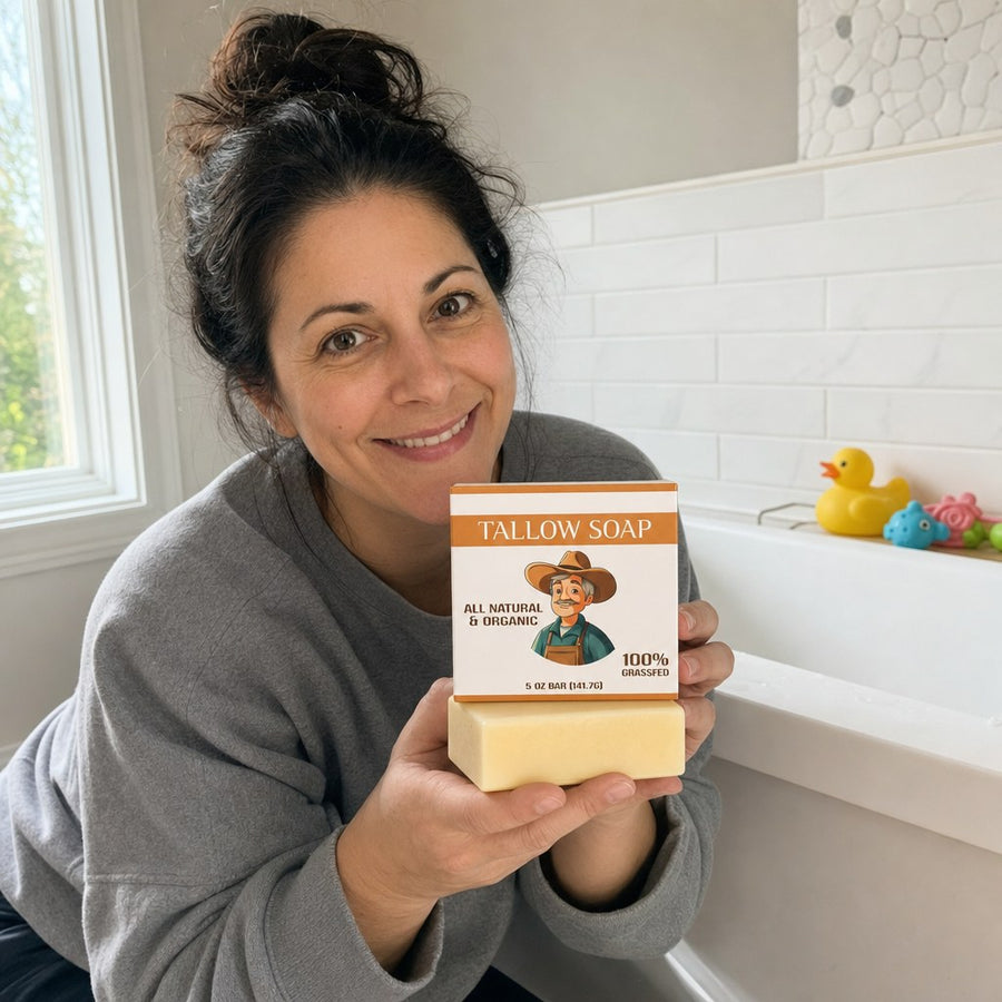 Mother holding the Tallow Soap Bar next to the bath