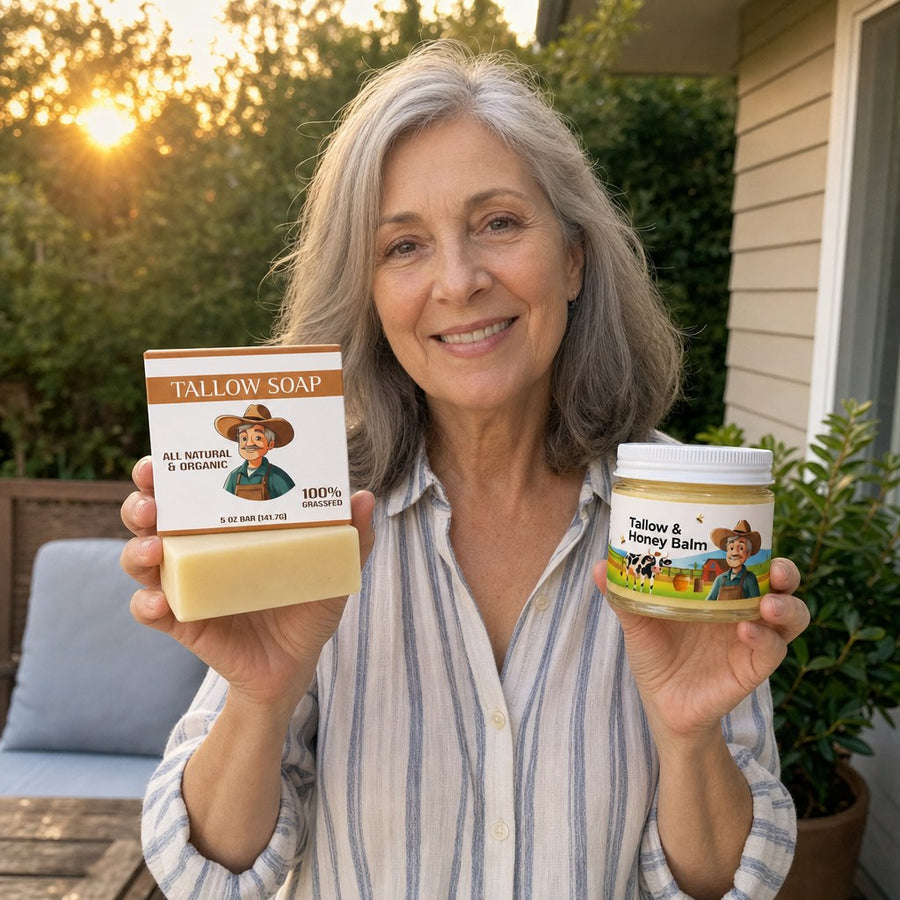 Woman holding the Tallow Soap Bar and the balm jar together on her patio