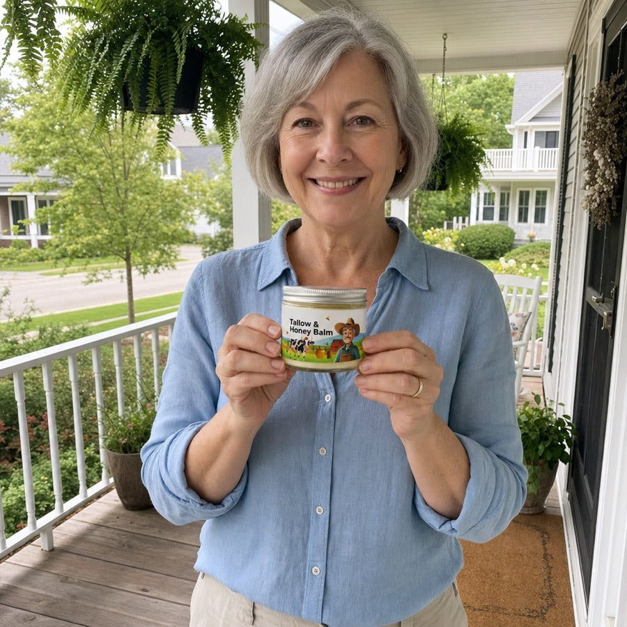 Woman holding the Tallow & Honey Balm jar on her front porch