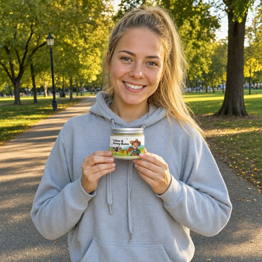 Young woman holding the Tallow & Honey Balm jar in a park