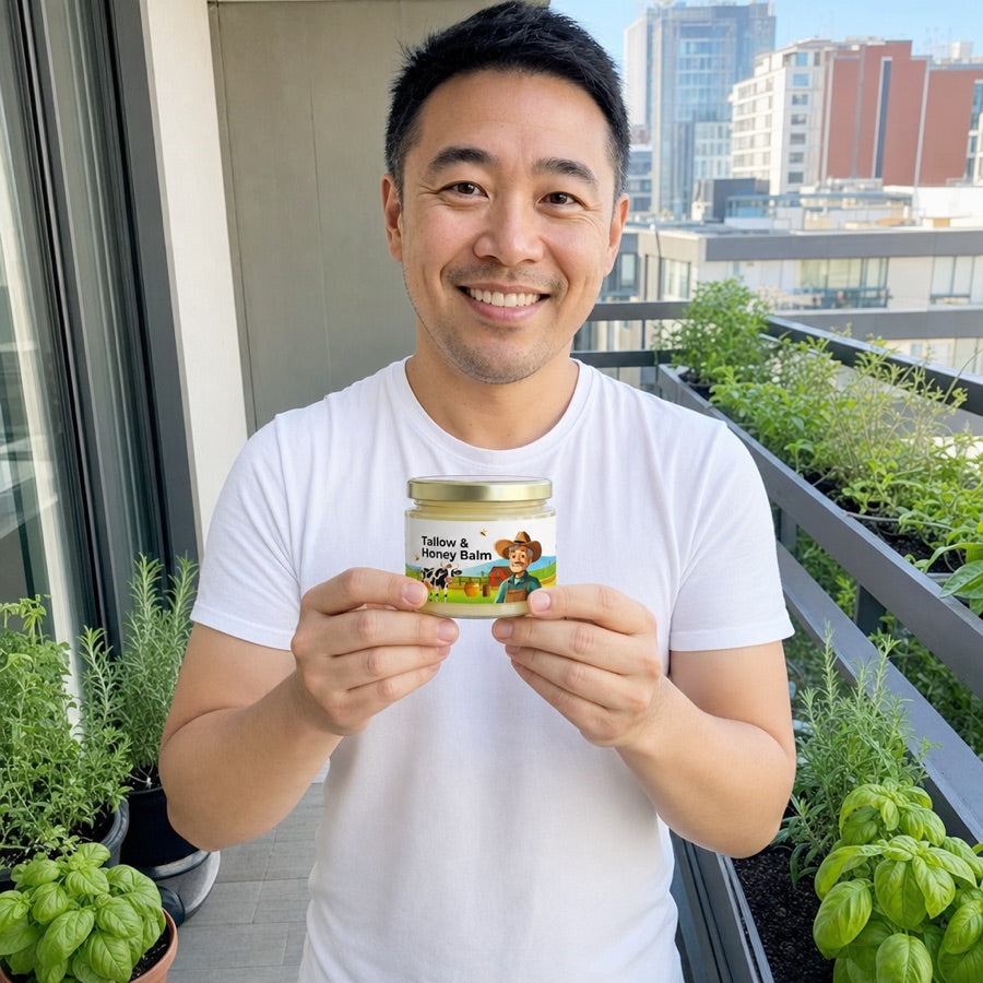 Man holding the Tallow & Honey Balm jar on his apartment balcony