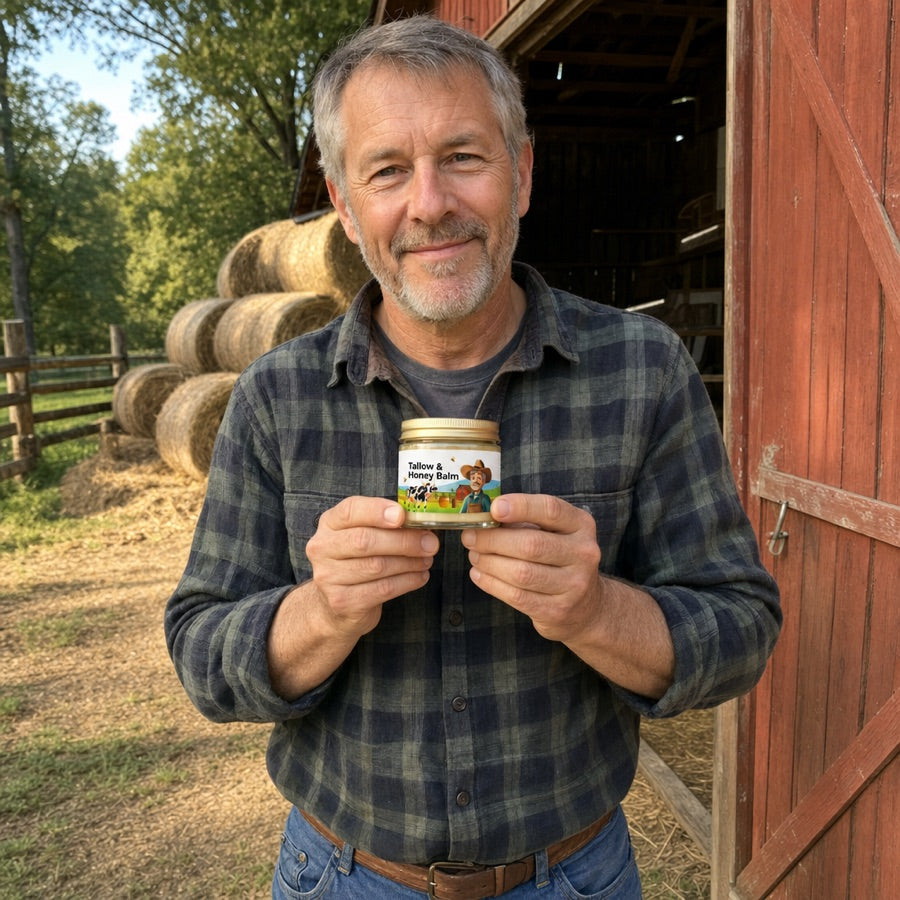 Farmer holding the Tallow & Honey Balm jar in front of his barn