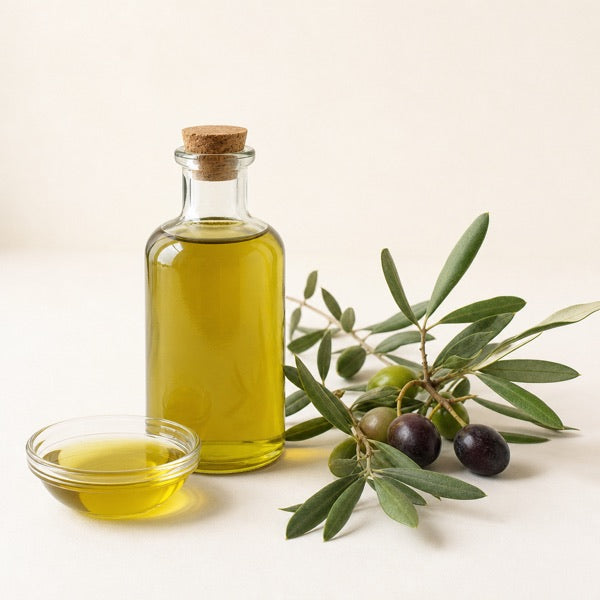 Bottle of cold-pressed olive oil with olive branch
