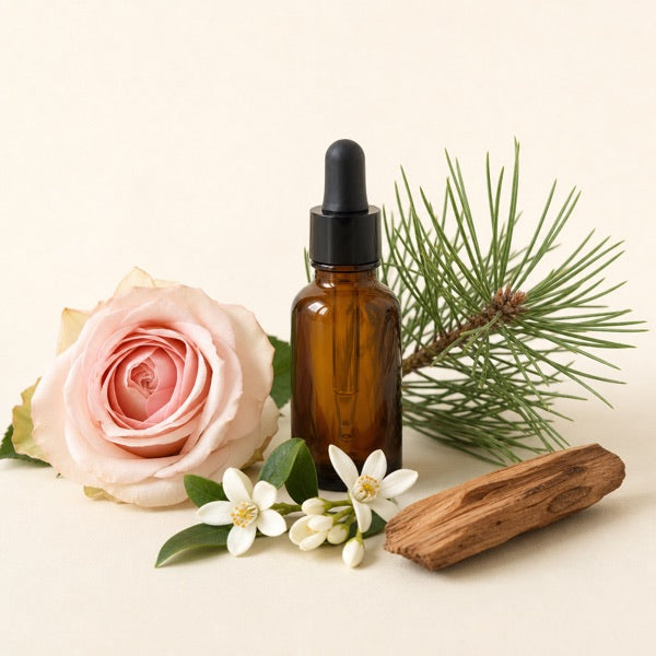 Rose, pine, neroli blossom and sandalwood with a dropper bottle