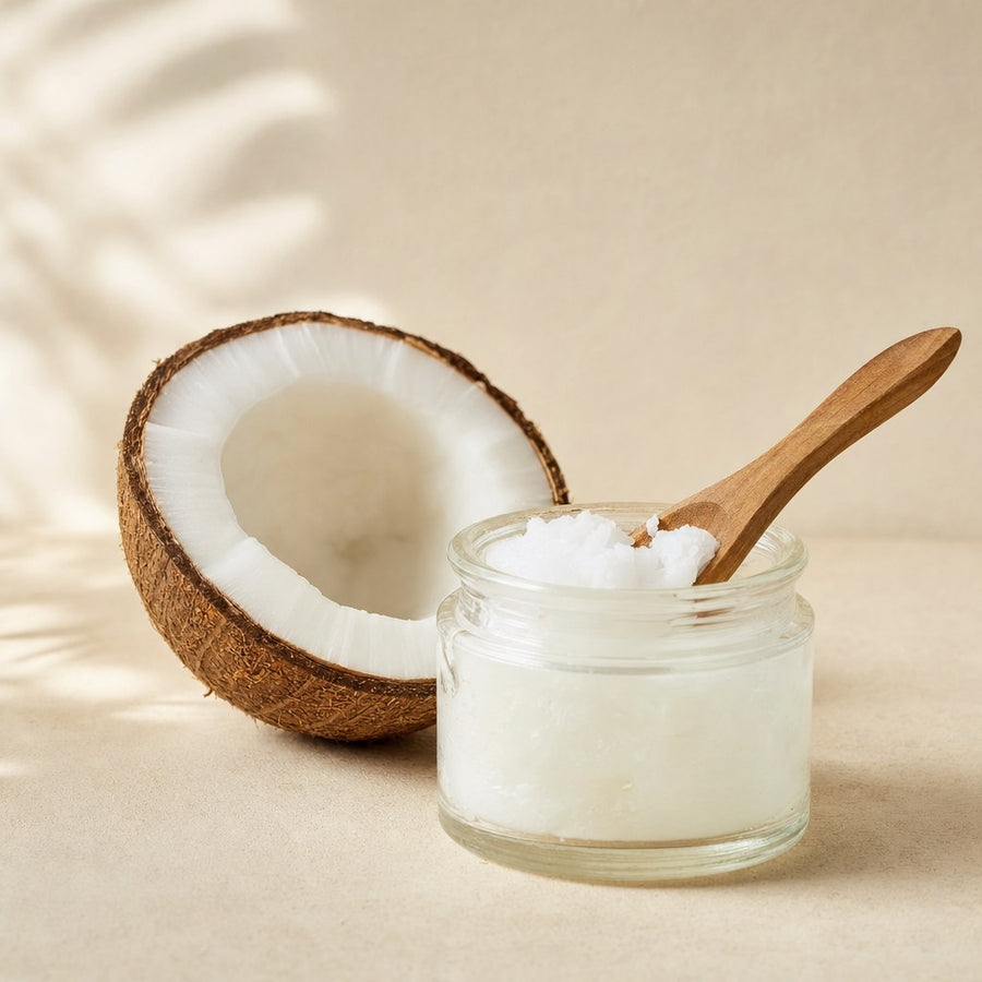 Halved coconut with a jar of coconut oil