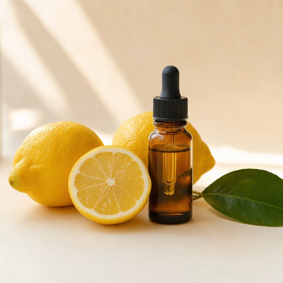 Fresh lemons with a dropper bottle of lemon essential oil