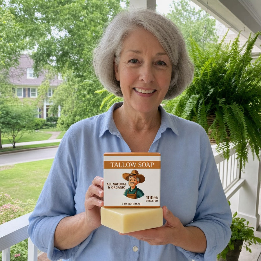 Woman holding the Tallow Soap Bar on her front porch