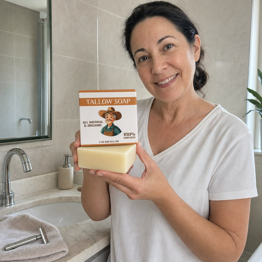 Woman holding the Tallow Soap Bar in her bathroom