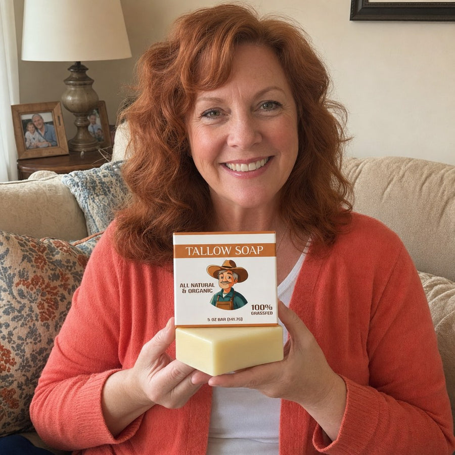 Woman holding the Tallow Soap Bar on her living-room sofa