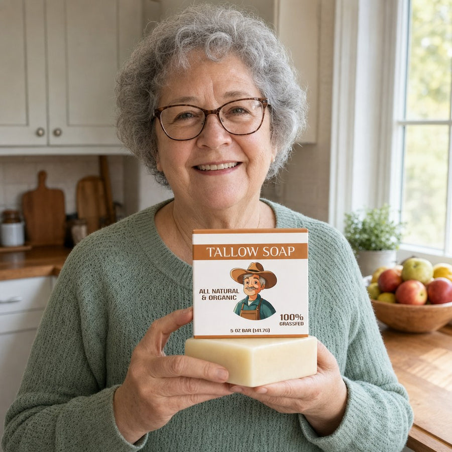 Grandmother holding the Tallow Soap Bar in her kitchen