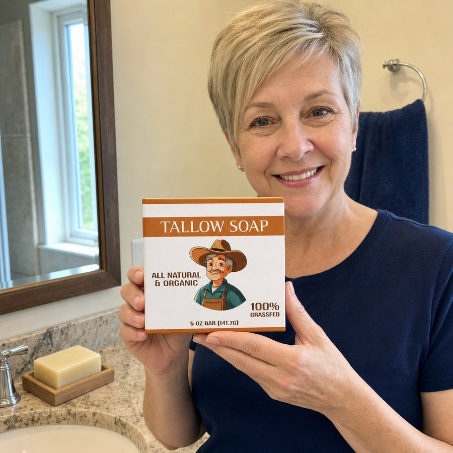 Woman holding the Tallow Soap Bar at her bathroom sink