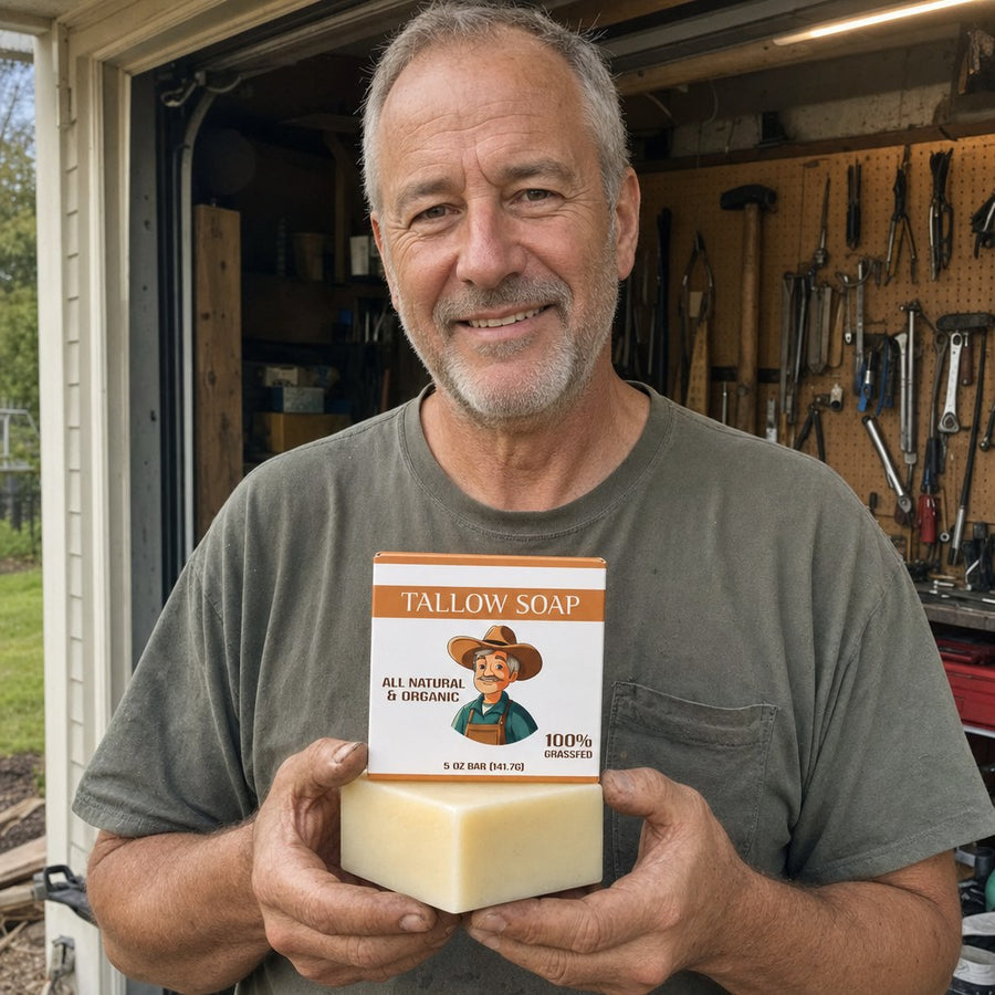 Man holding the Tallow Soap Bar in front of his workshop