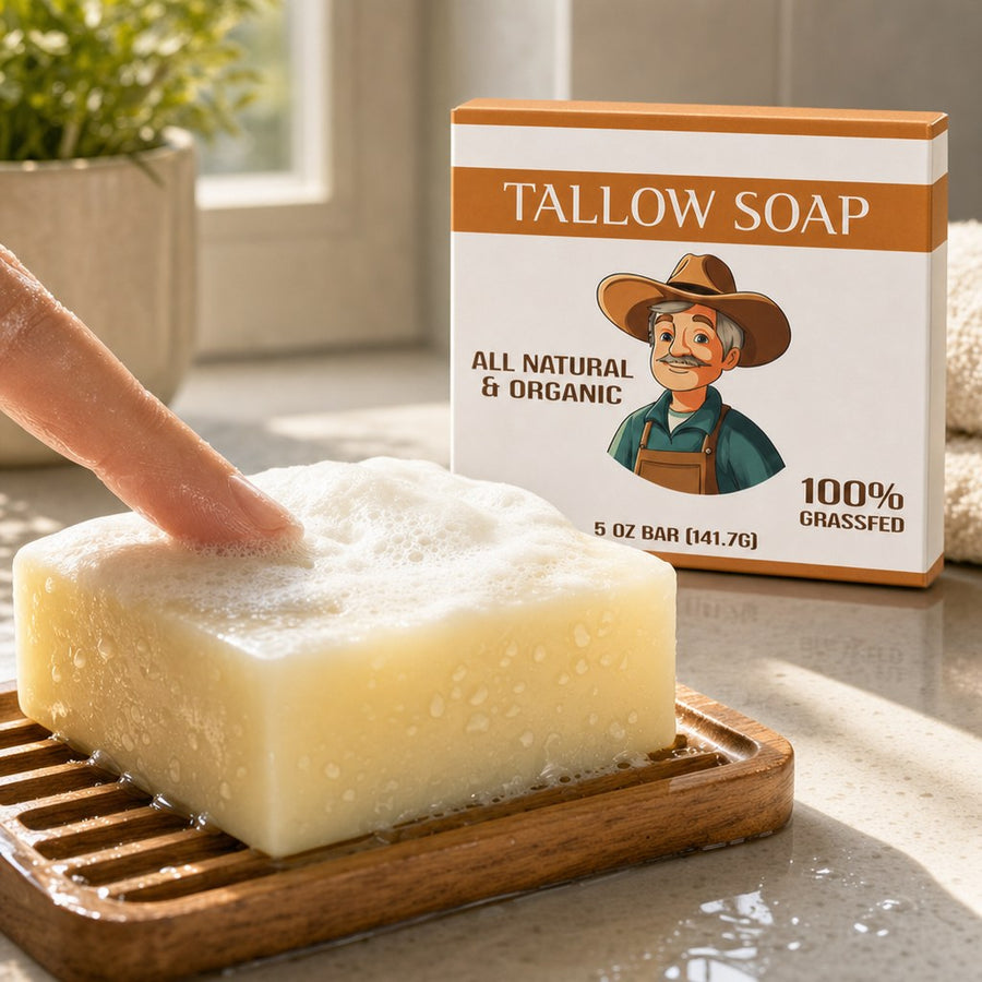 Creamy lather on the Tallow Soap Bar in a soap dish