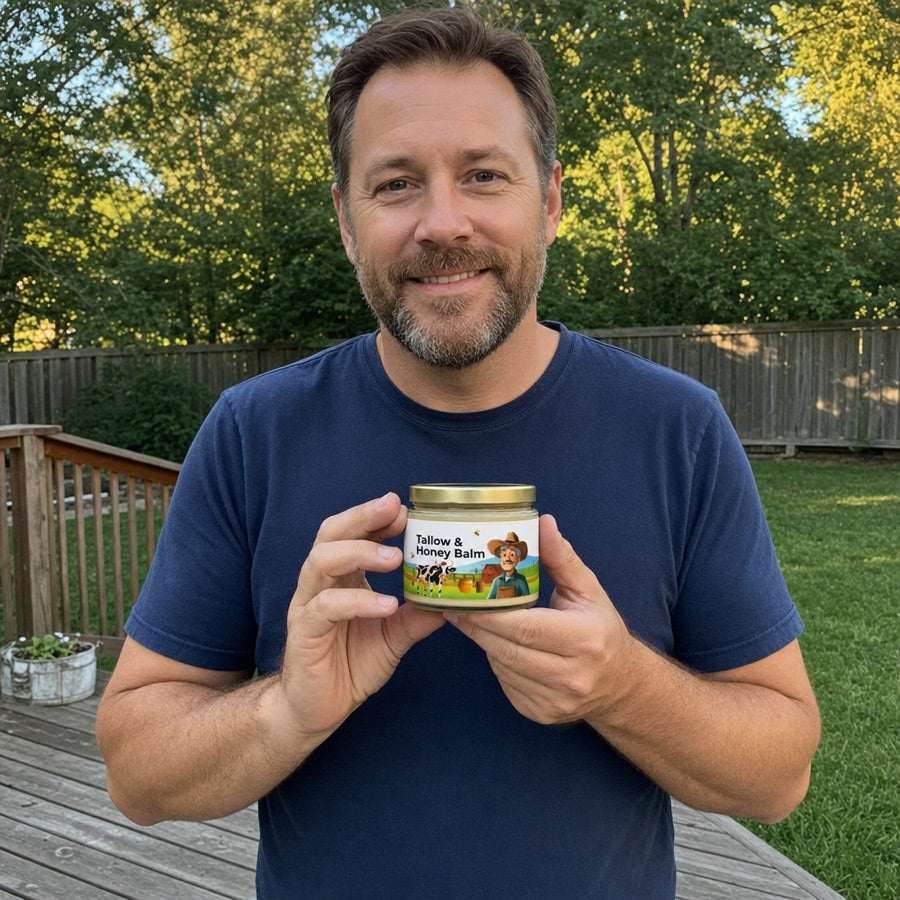 Man holding the Tallow & Honey Balm jar on his backyard deck