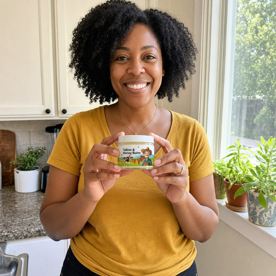 Woman holding the Tallow & Honey Balm jar in her kitchen