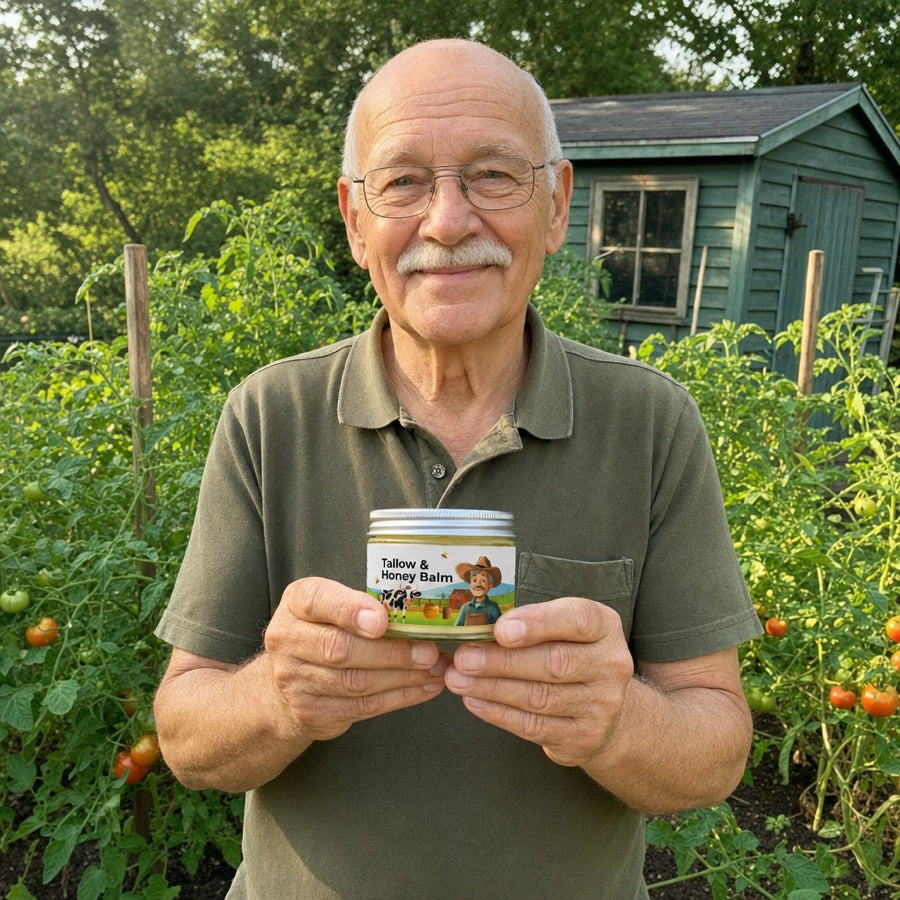 Older man holding the Tallow & Honey Balm jar in his vegetable garden