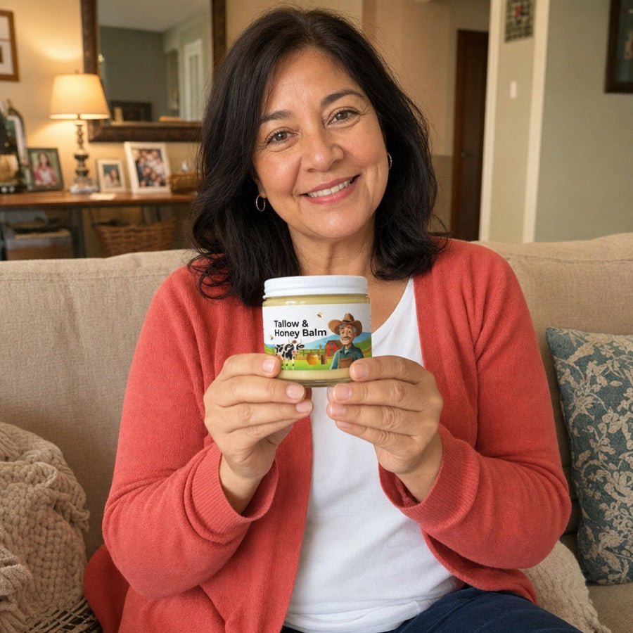 Woman holding the Tallow & Honey Balm jar on her living-room sofa