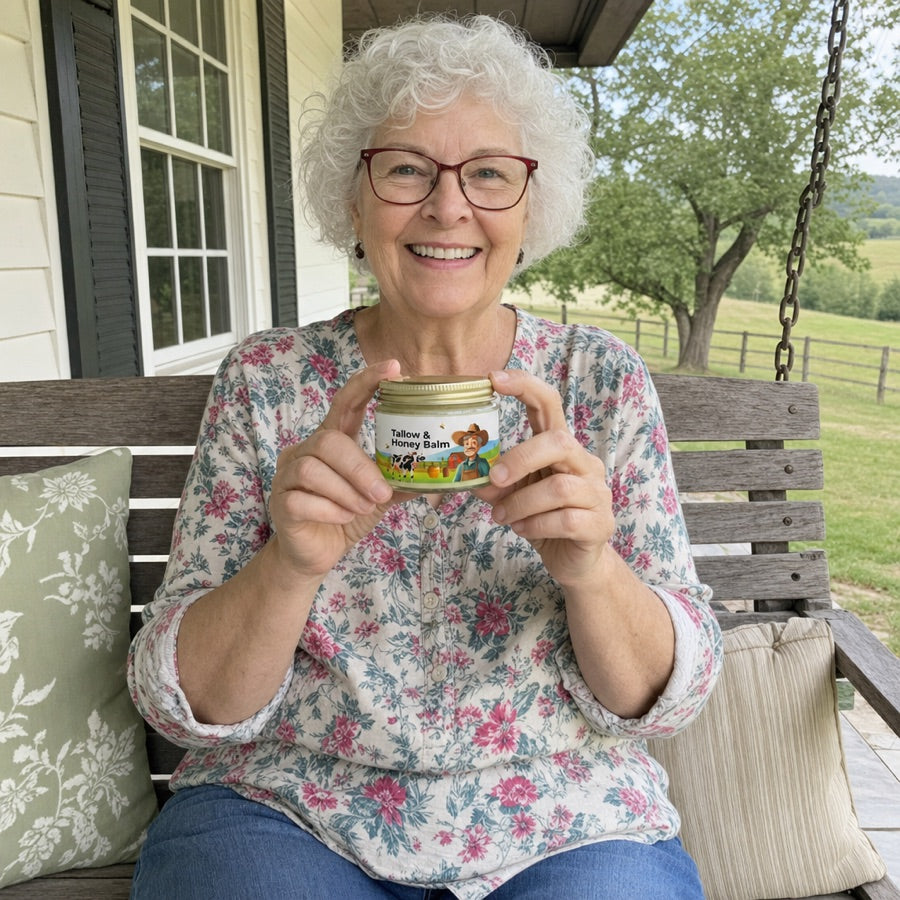 Woman holding the Tallow & Honey Balm jar on a porch swing