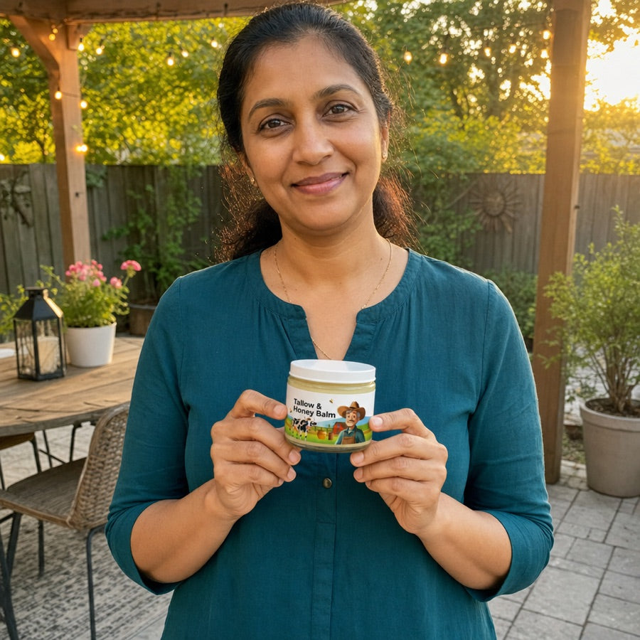 Woman holding the Tallow & Honey Balm jar on her patio at sunset