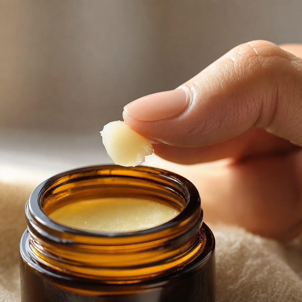 Fingertip lifting a small amount of balm from the jar